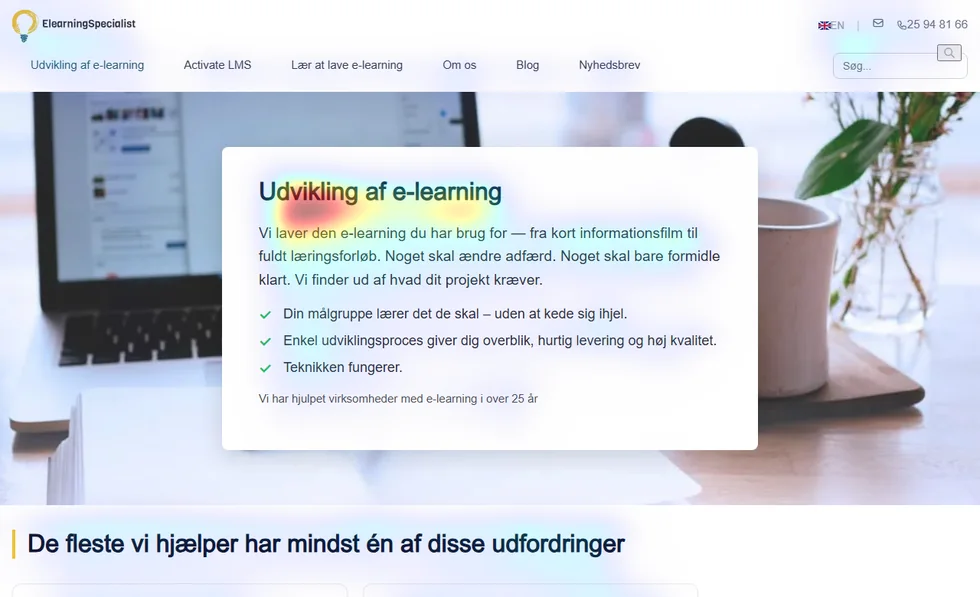 Varmekort over en e-learningside: farven ligger tættest på overskriften og de første linjer i den hvide boks.